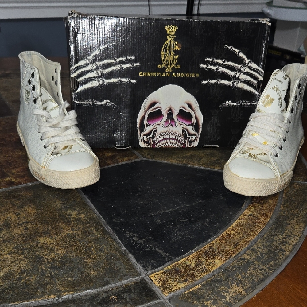 Christian Audigier White and Gold High-Tops Mens Size 8